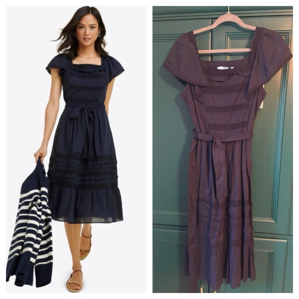 NWT Draper James Peasant Dress in embroidered stripe tie waist navy sz 6